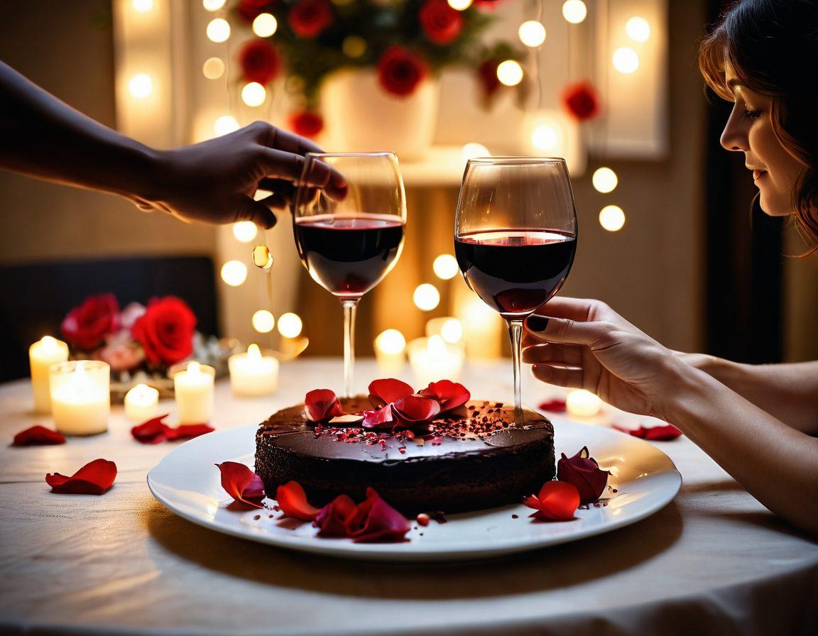 A cozy and intimate setting featuring a candlelit dinner table adorned with rose petals, two glasses of wine, and a soft background of twinkling fairy lights. Emphasize warmth and romance with a soft-focus atmosphere and gentle shadows. Include elements suggesting connection, like intertwined hands or a shared dessert. super-realistic. vibrant colors. warm lighting.