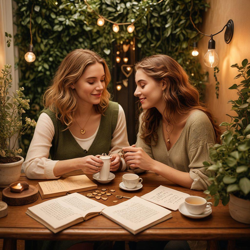 A cozy, inviting scene depicting two people engaged in a heartfelt conversation, surrounded by symbolic imagery of hearts, locks, and keys representing connection. Soft, warm lighting enhances the emotional atmosphere, with a backdrop of nature to symbolize growth and strength in relationships. Incorporate elements like handwritten notes or a shared cup of tea. super-realistic. warm colors. soft focus.