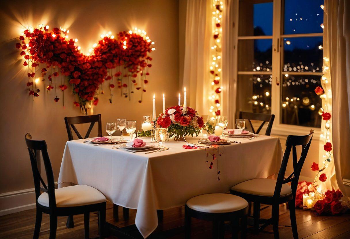 A cozy, candle-lit dinner setting for two, with a beautifully arranged table featuring heart-shaped decorations, soft rose petals scattered around, and personal touches like handwritten love notes. The background shows a warm glow from fairy lights, invoking a feeling of intimacy and romance. Super-realistic. Warm colors. Soft focus.